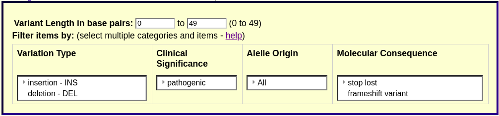 Example of filter options in ClinVar SNVs track